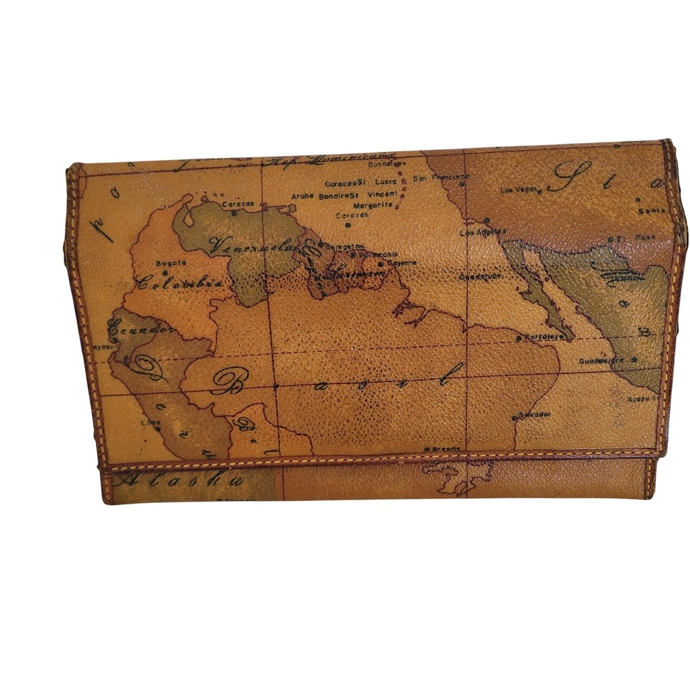 Alviero Martini 1a Classe Geo Map Print Leather Long Wallet Made in Italy